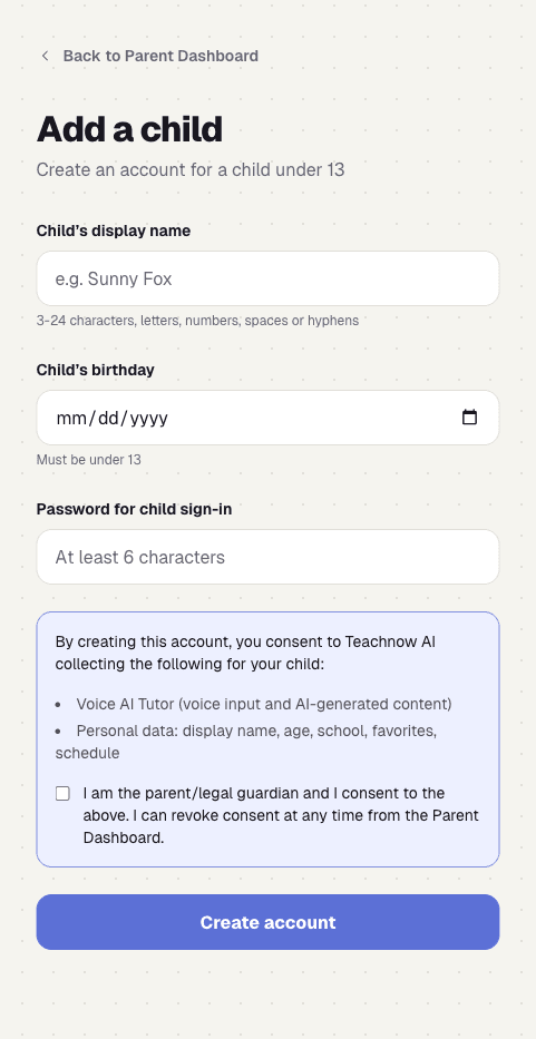 Add a child form asking for display name, birthday, child password, and parent permission