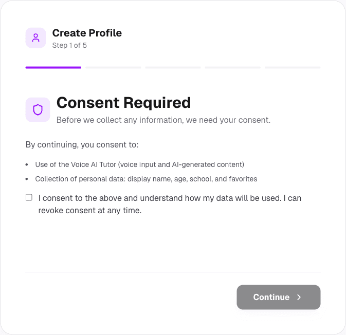 Adult Consent Required screen with the permission checkbox and Continue button