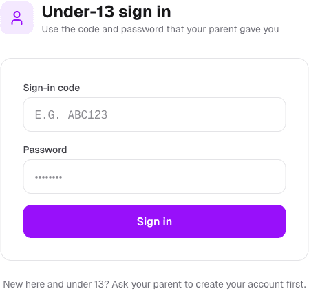 Under-13 sign in screen with Sign-in code and Password fields