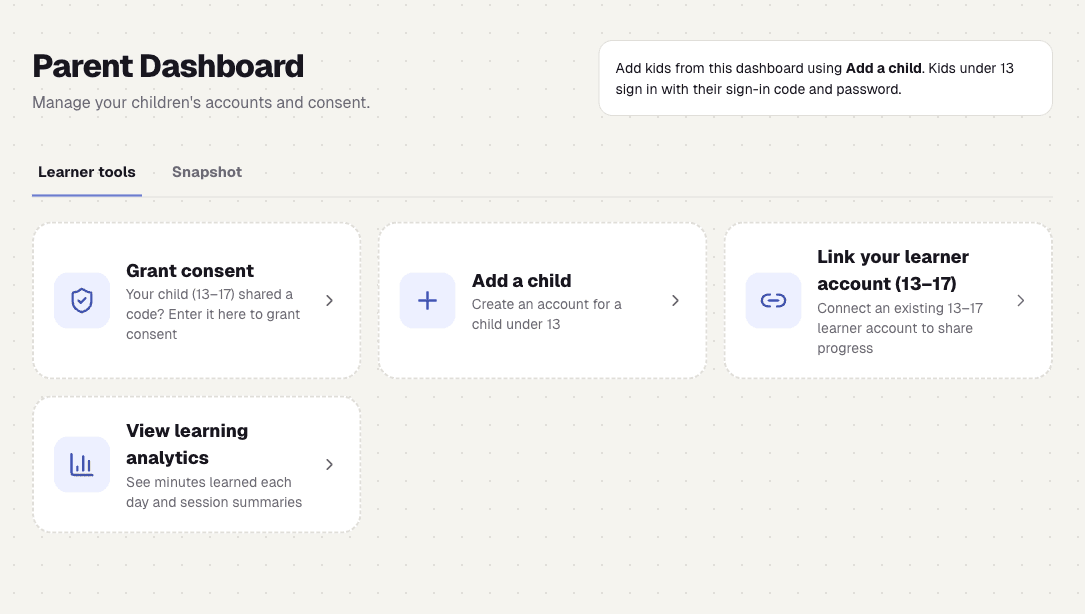 Parent Dashboard Learner tools with Grant consent, Add a child, Link your learner account, and View learning analytics