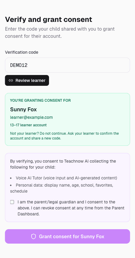Parent reviews Sunny Fox and learner@example.com before granting consent