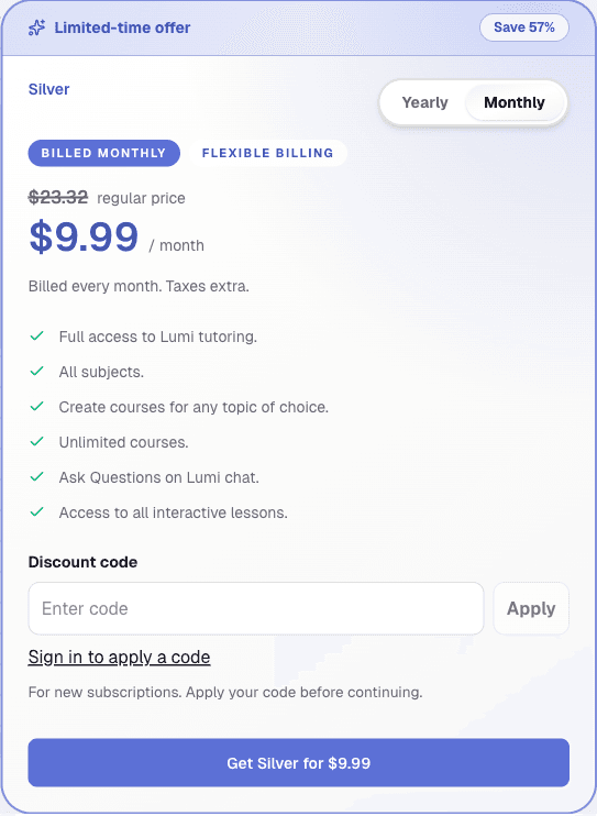 Paid plan card showing Monthly and Yearly choices, a Discount code field, and the purchase button
