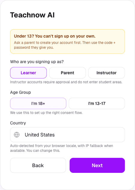 Signup choices: Learner, Parent, age group, Country, and Next