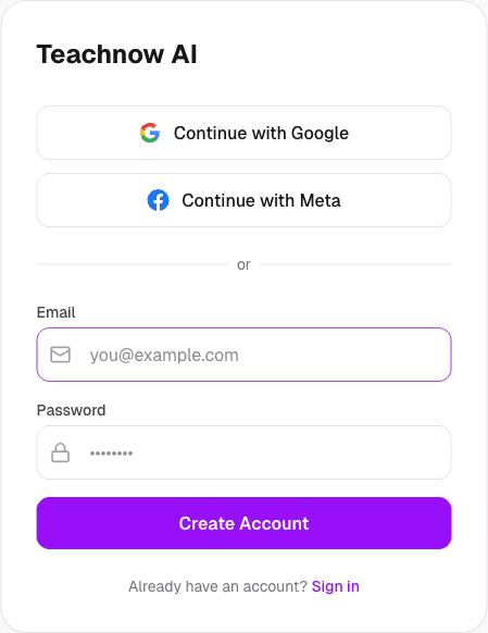 Email signup form with email, password, and Create Account button