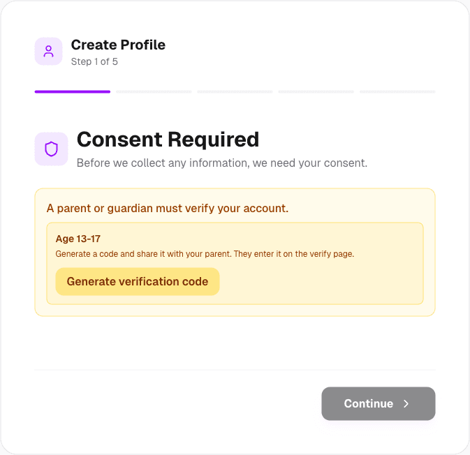 Teen Consent Required screen explaining parent verification with a Generate verification code button