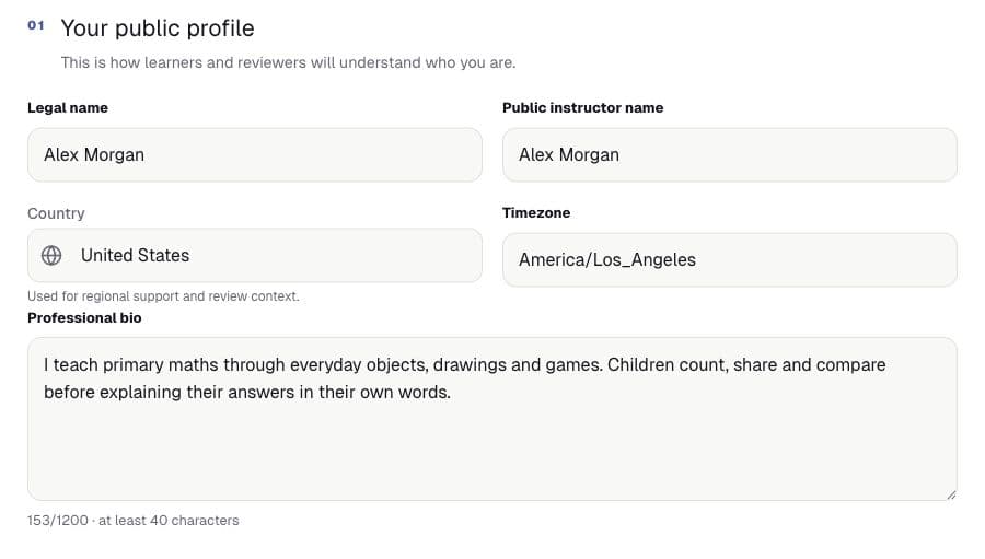 The public profile section of the application form