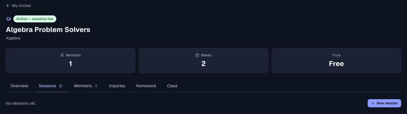 The Algebra Problem Solvers workspace showing the class status, six tabs and New session button