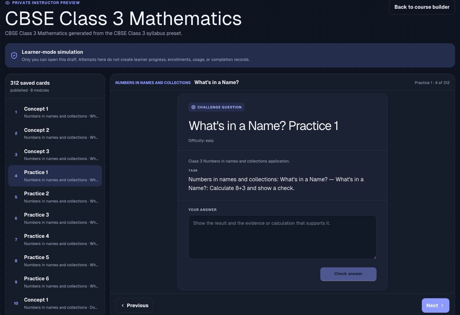 The instructor preview of a course, showing the learner view of a lesson