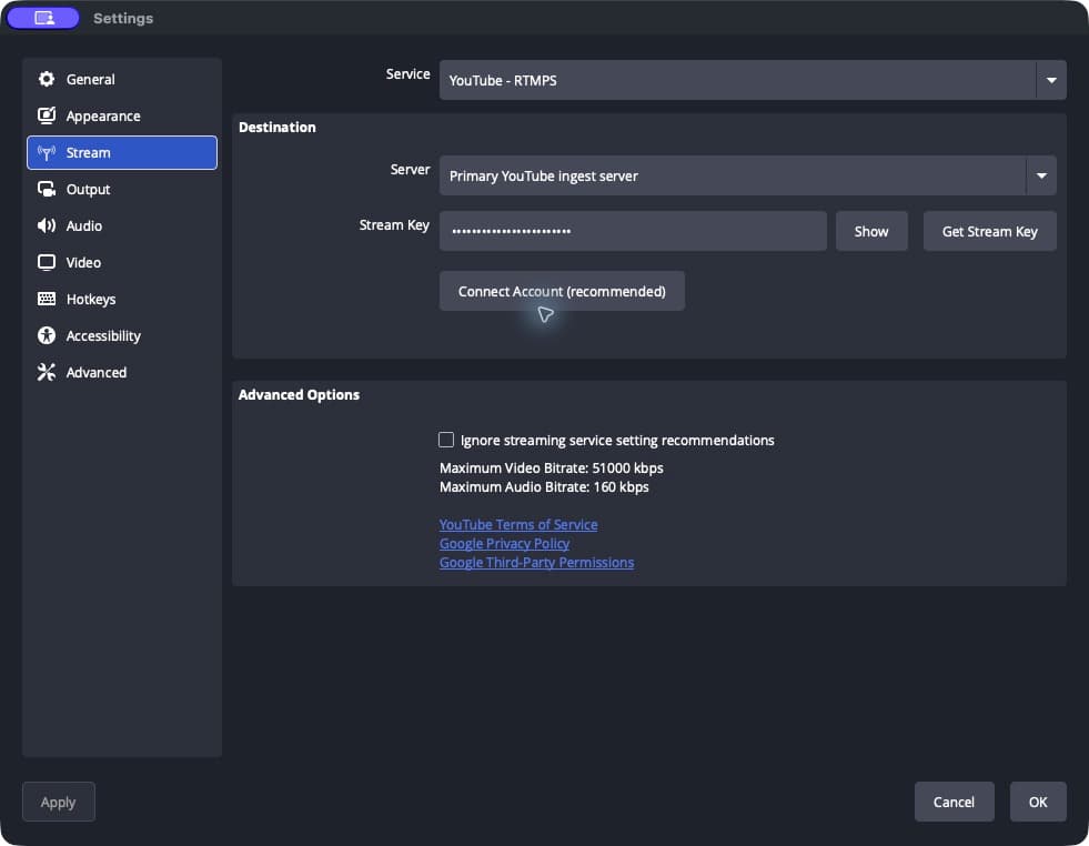The OBS stream settings pane with YouTube selected and the stream key box