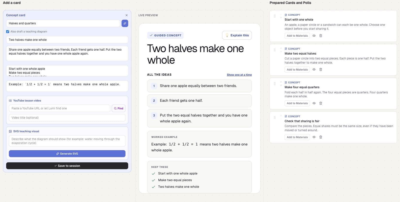 The real concept-card editor and prepared-card list showing a sample maths lesson about two halves making one whole