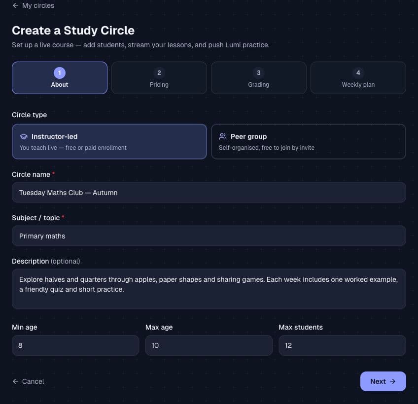 The About screen with circle type, name, subject, ages and class size