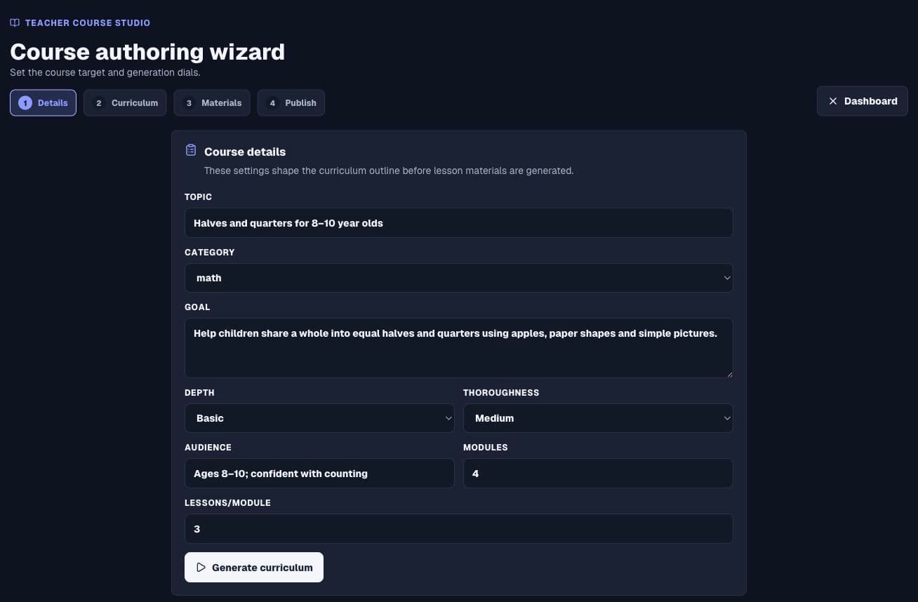 The course details screen with topic, category, goal, depth and thoroughness